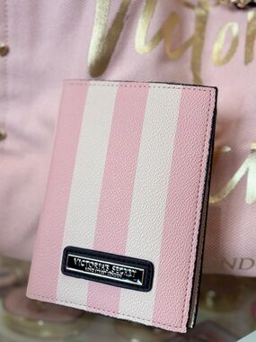 Victoria's Secret Pink & White Striped Passport Holder with Black Logo Plaque